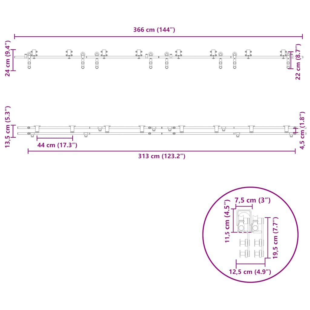 Schiebetür-Beschlagsatz 183 cm Edelstahl Silbern