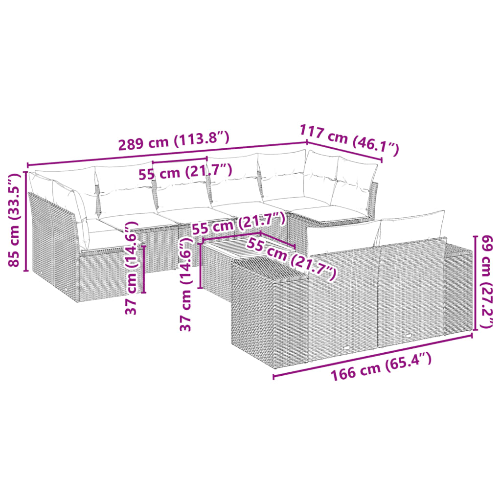 10-tlg. Garten-Sofagarnitur mit Kissen Schwarz Poly Rattan
