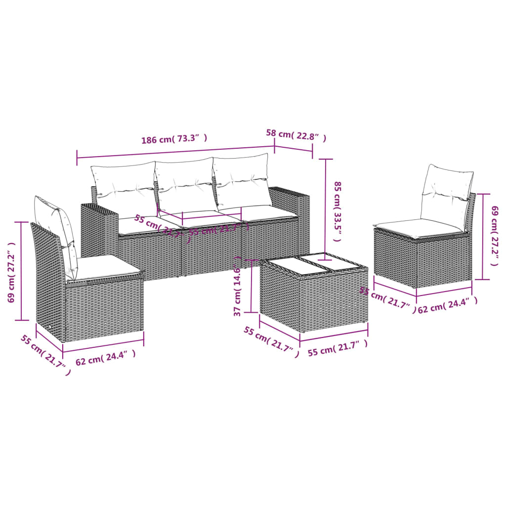 5-tlg. Garten-Sofagarnitur mit Kissen Schwarz Poly Rattan