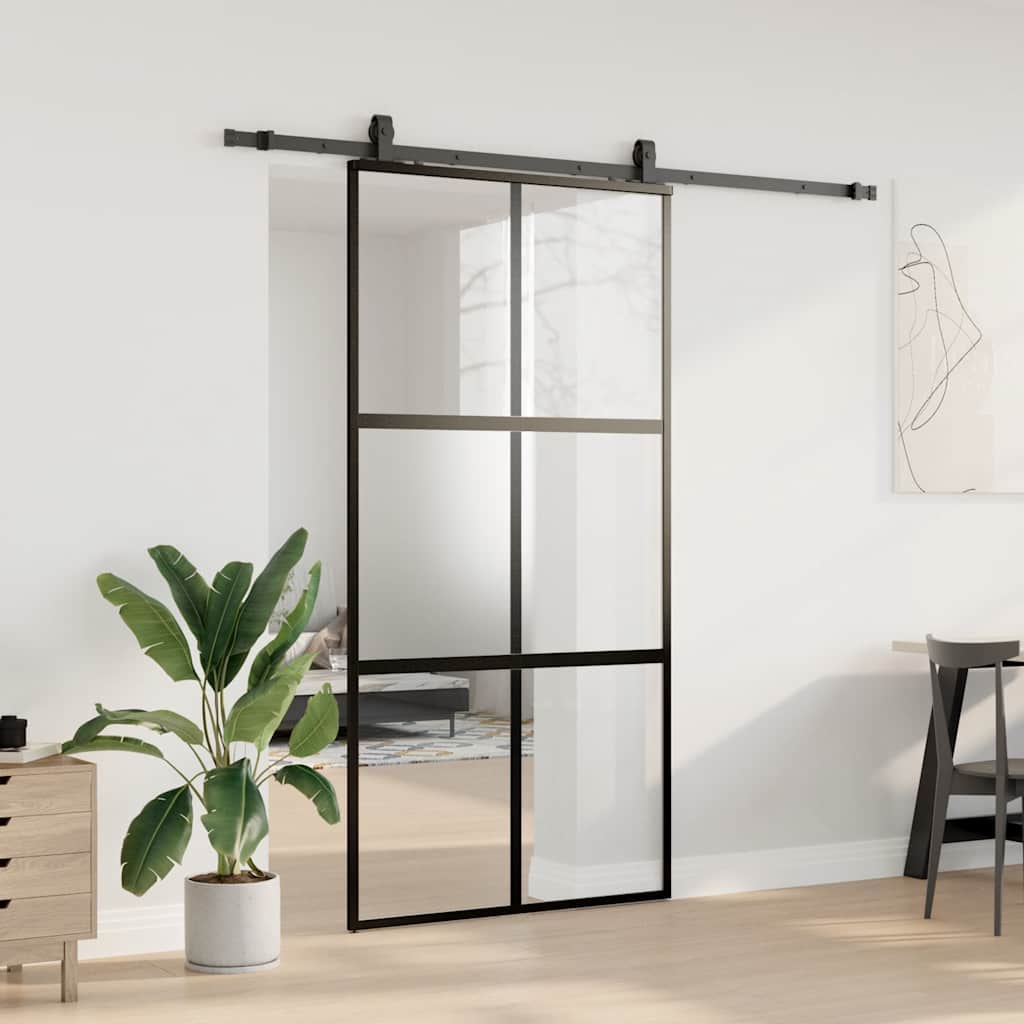 Schiebetür mit Beschlag Schwarz 76x205 cm Hartglas