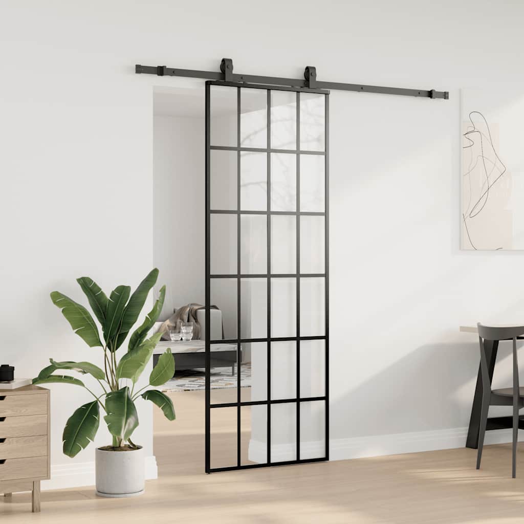 Schiebetür mit Beschlag Schwarz 76x205 cm ESG-Glas