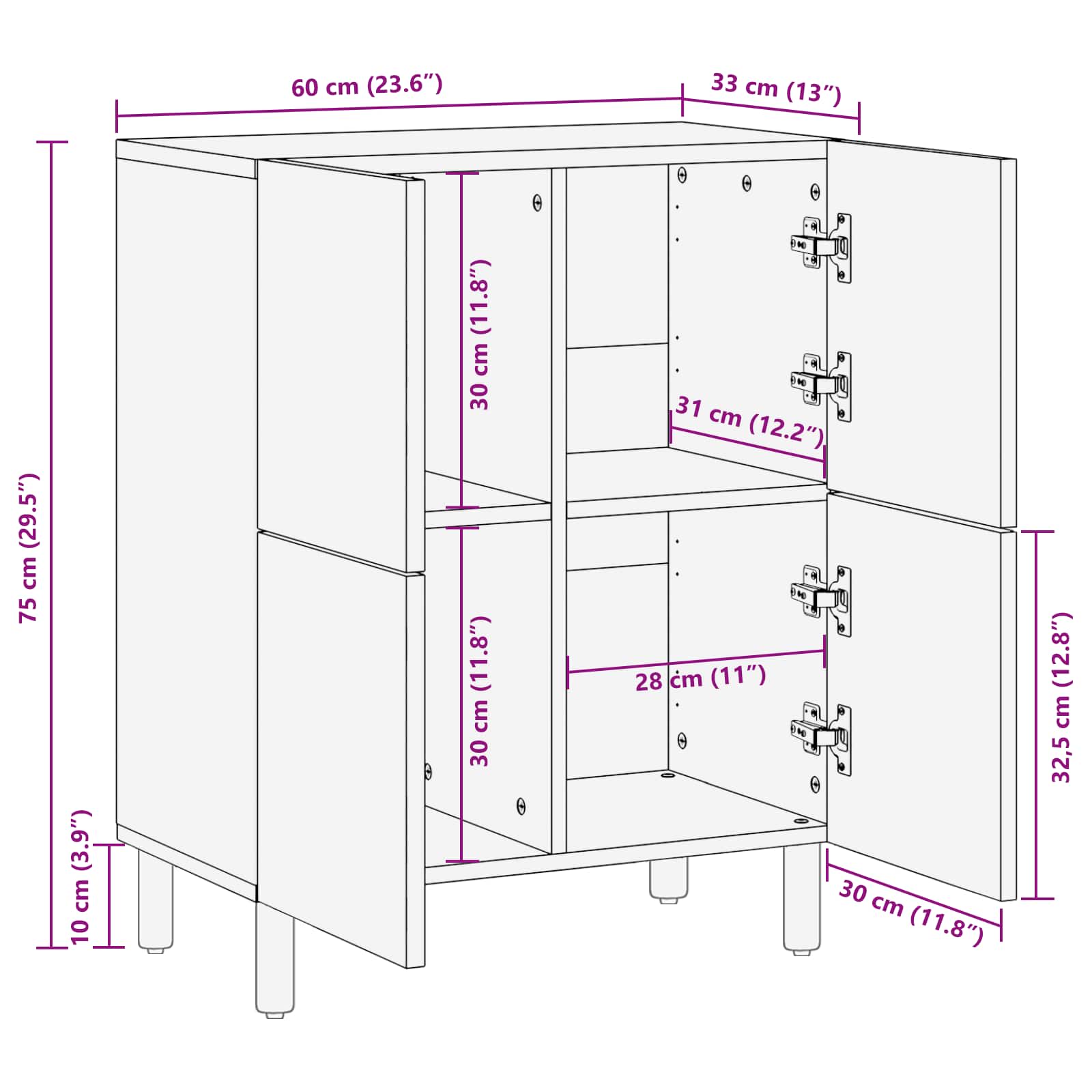 Sideboard mit Tür Weiße gewaschene Oberfläche 60 x 33 x 75 cm