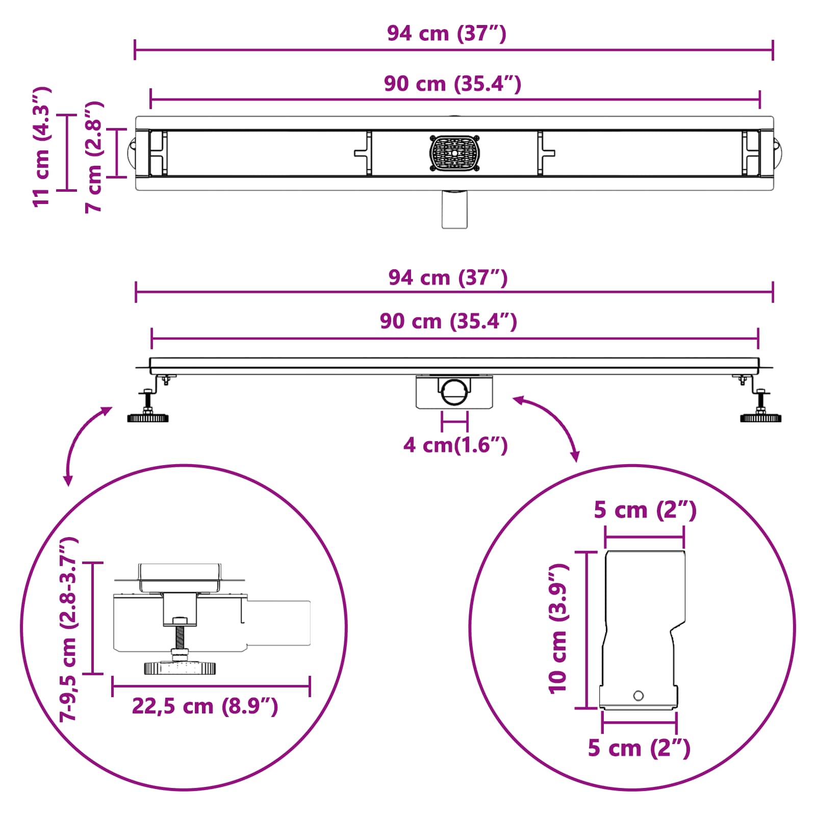 Duschabfluss mit Glashülle und 360° Siphon Schwarz 50 cm