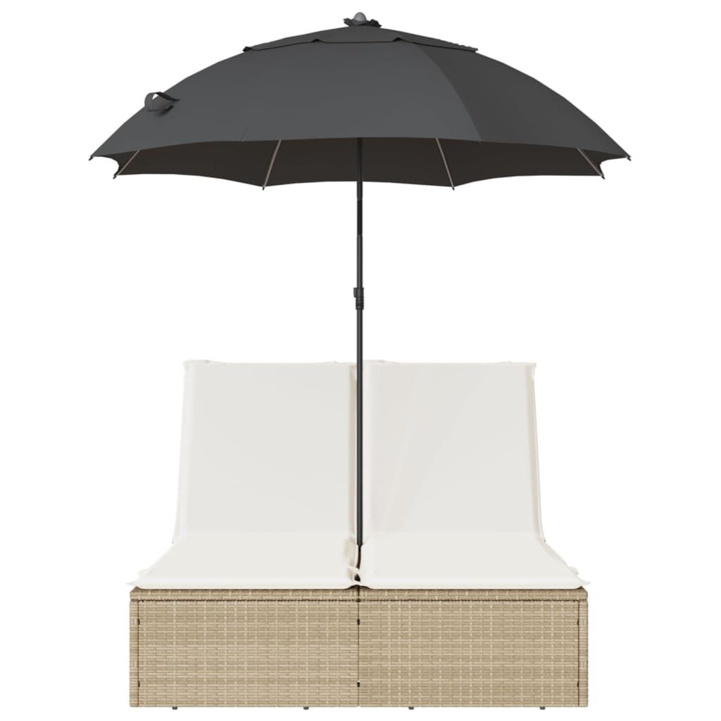 Doppel-Sonnenliege mit Kissen&Sonnenschirm Schwarz Poly Rattan