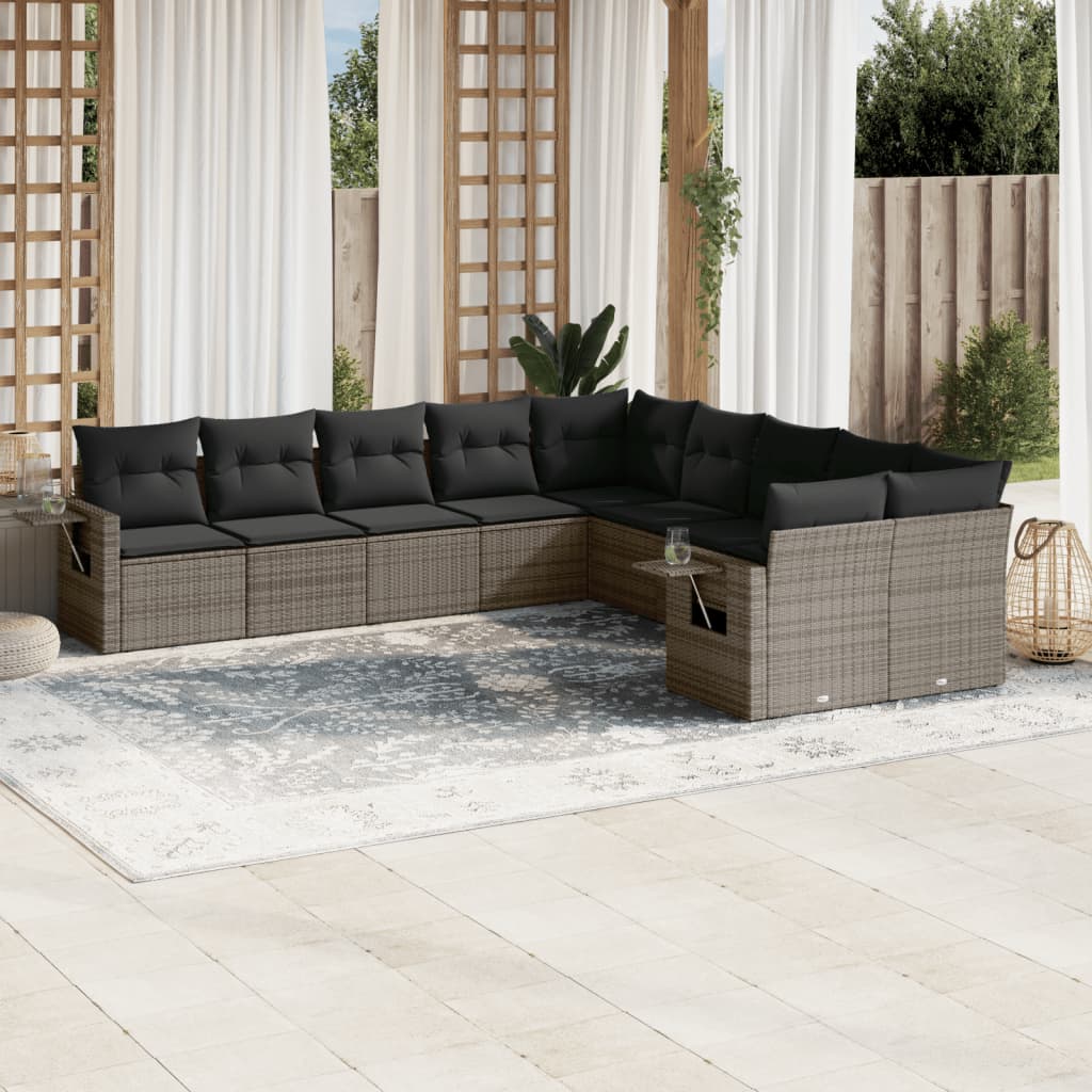 10-tlg. Garten-Sofagarnitur mit Kissen Schwarz Poly Rattan