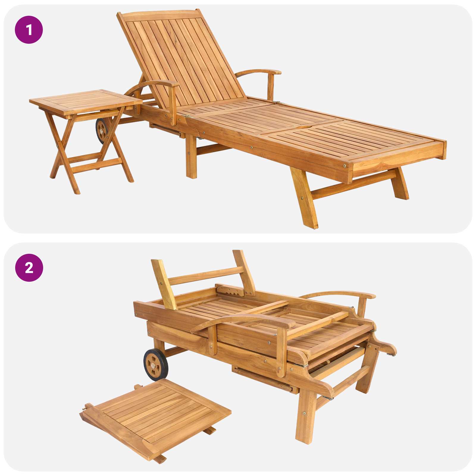 Sonnenliege 1-Person Braun Massivholz Teak