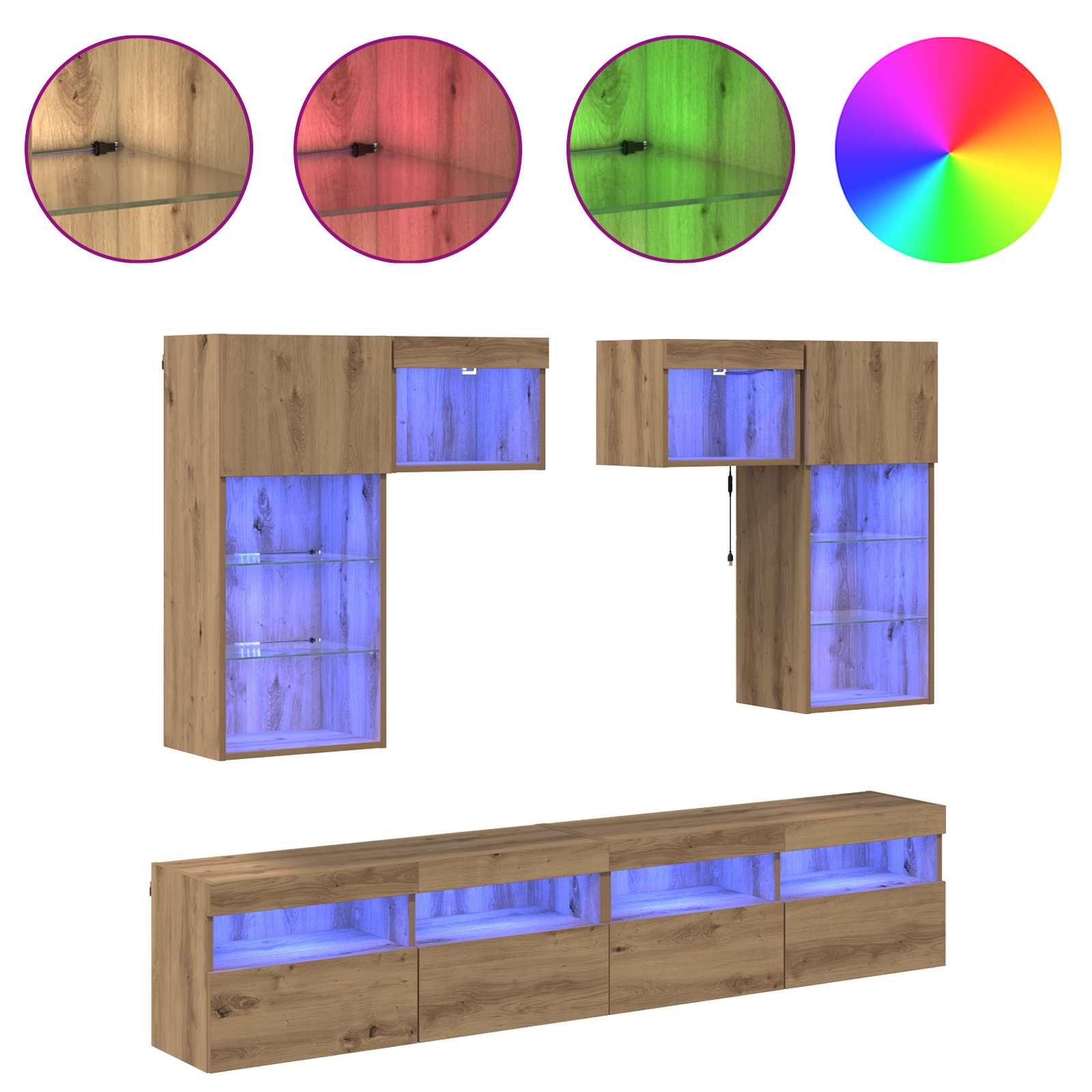 5-tlg. Wohnwand mit LED-Beleuchtung Weiß Holzwerkstoff