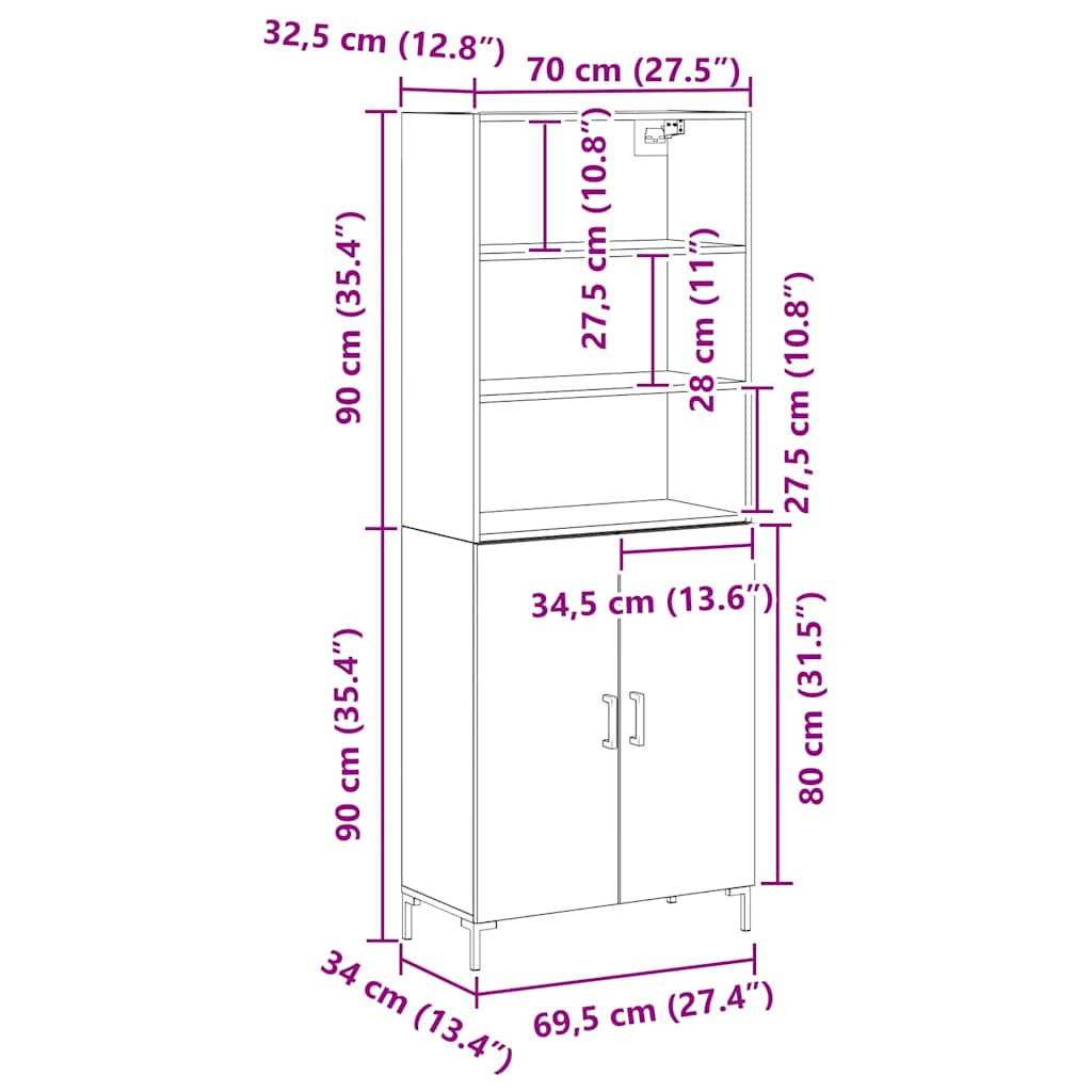 Highboard Hochglanz-Weiß 69,5x34x180 cm Holzwerkstoff