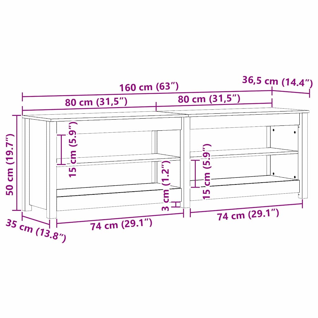 Schuhbank 160x36,5x50 cm Massivholz Kiefer