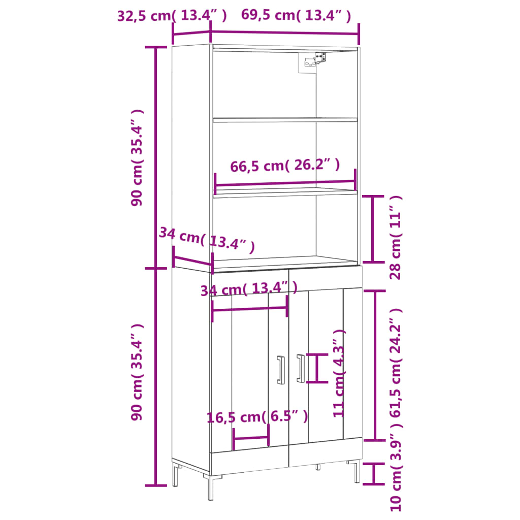 Highboard Hochglanz-Weiß 69,5x34x180 cm Holzwerkstoff