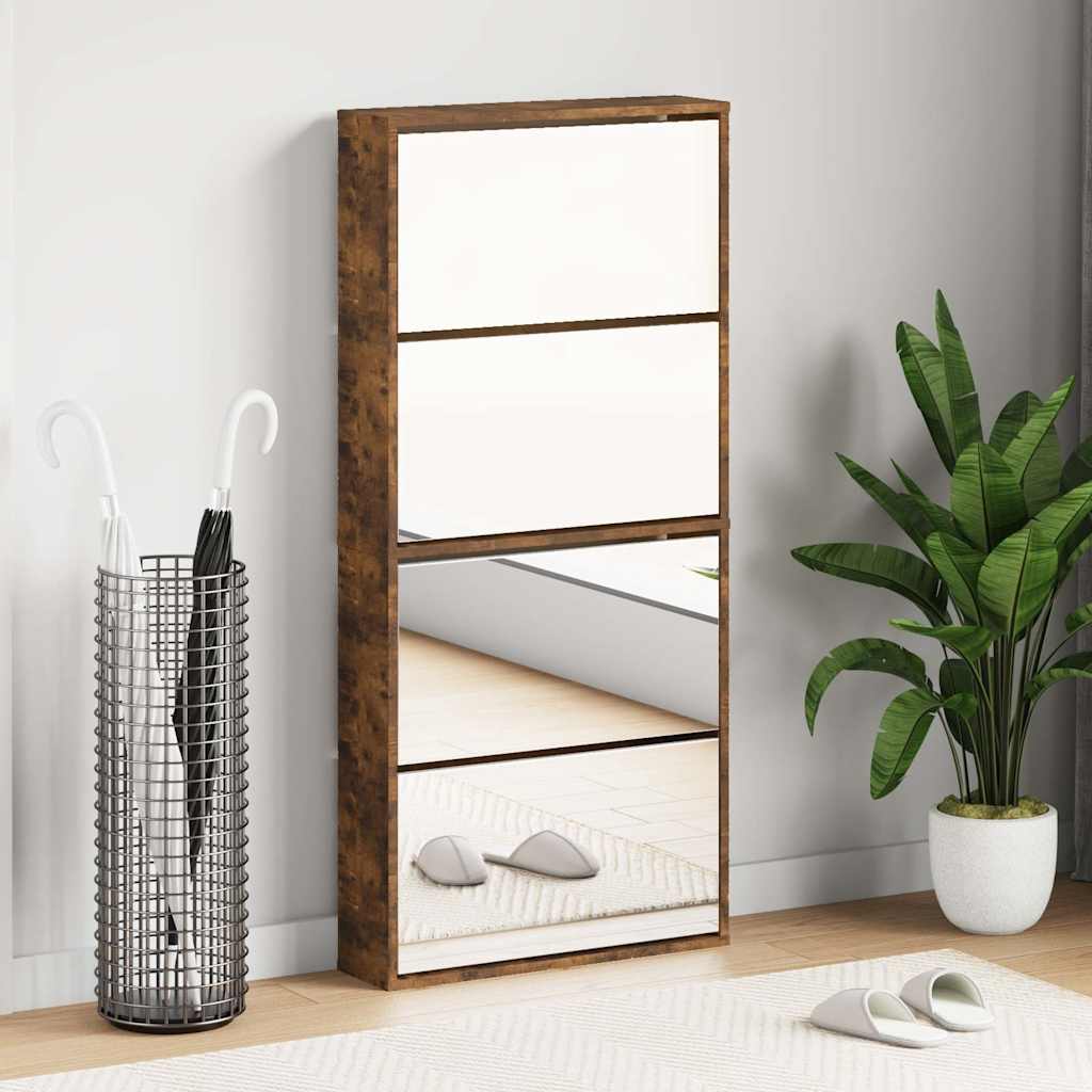 Schuhschrank mit 4 Fächern Spiegel Eiche 63×17×134 cm