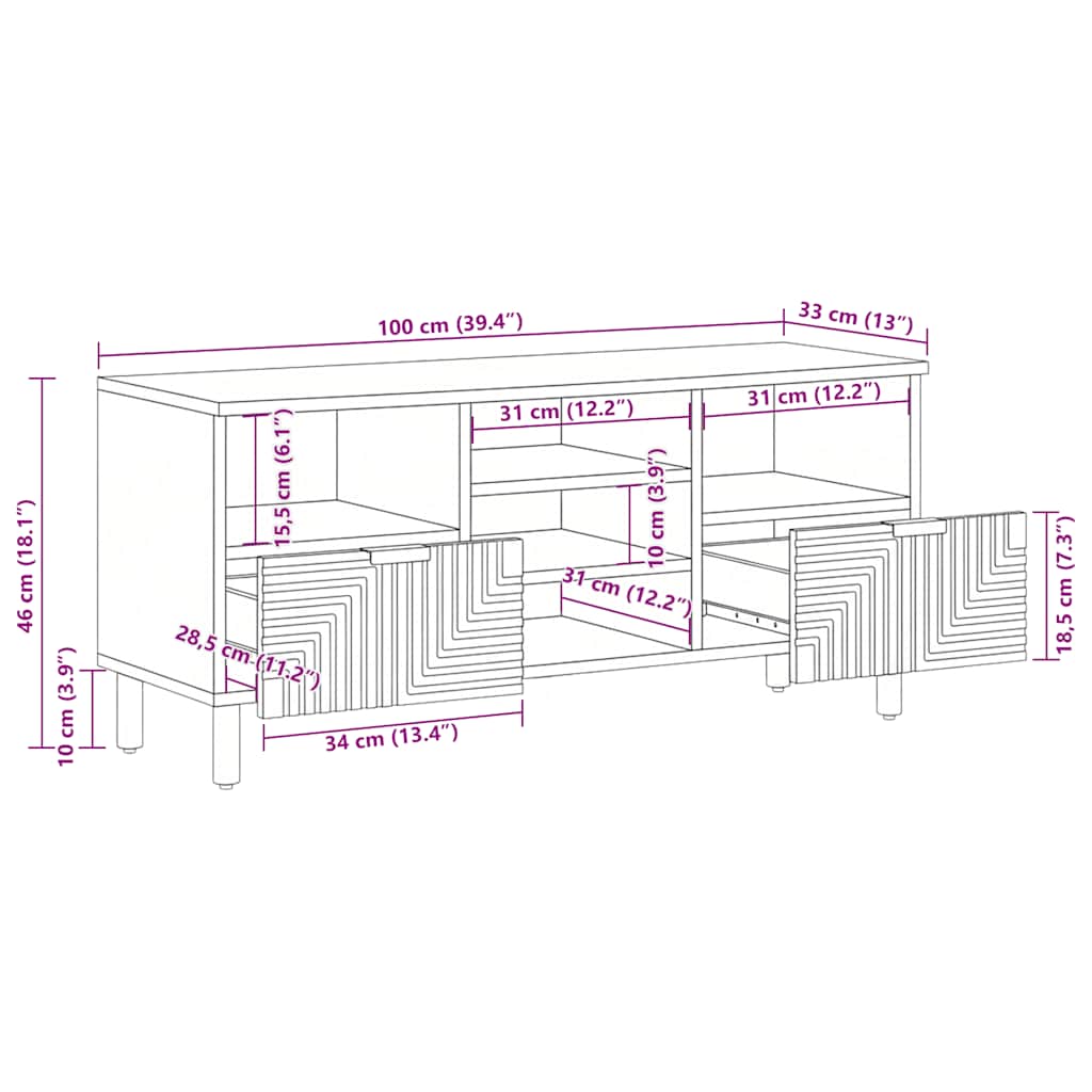 TV-Schränk mit Regal Braun 100 x 33,5 x 46 cm Massivholz Mango