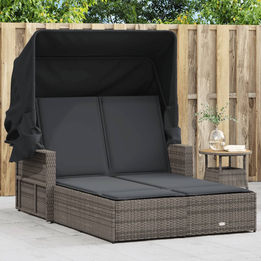 Doppel-Sonnenliege mit Dach und Auflagen Schwarz Poly Rattan