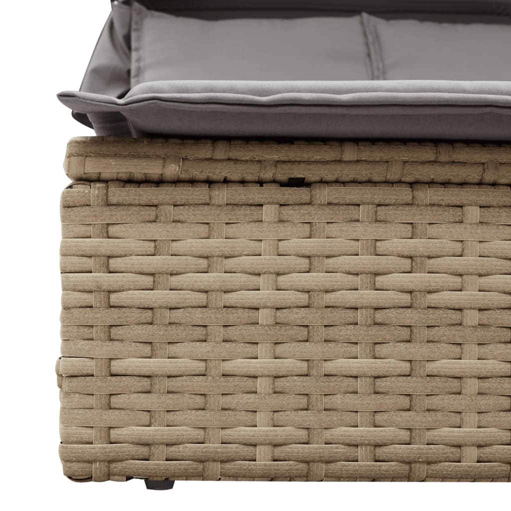 Doppel-Sonnenliege mit Dach und Auflagen Braun Poly Rattan