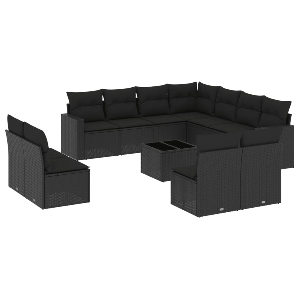 11-tlg. Garten-Sofagarnitur mit Kissen Schwarz Poly Rattan
