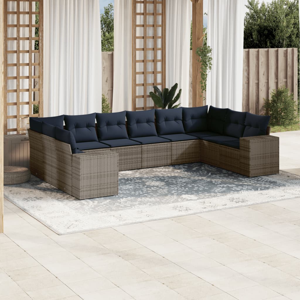 10-teiliges Gartensofa-Set mit Kissen, schwarzes Polyrattan