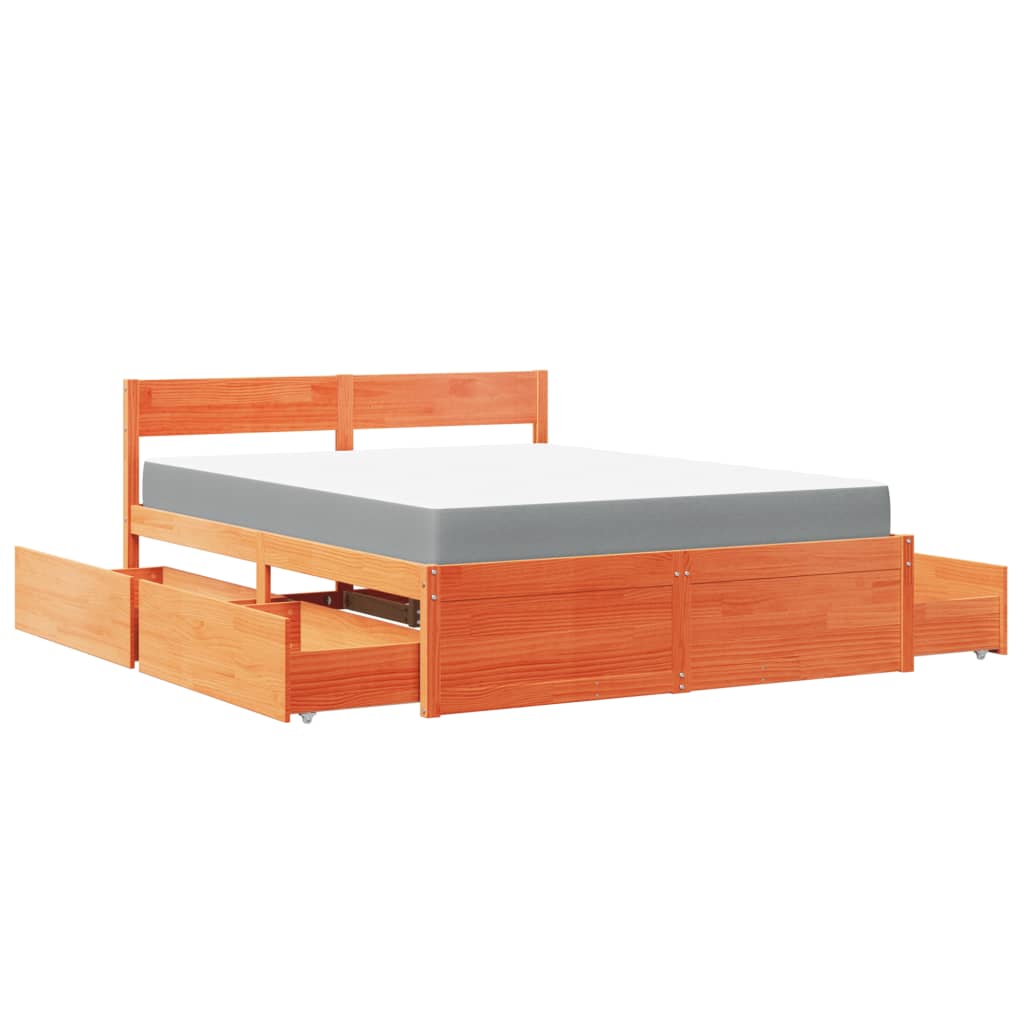 Bett mit Schubladen und Matratze 200x200 cm Massivholz Kiefer
