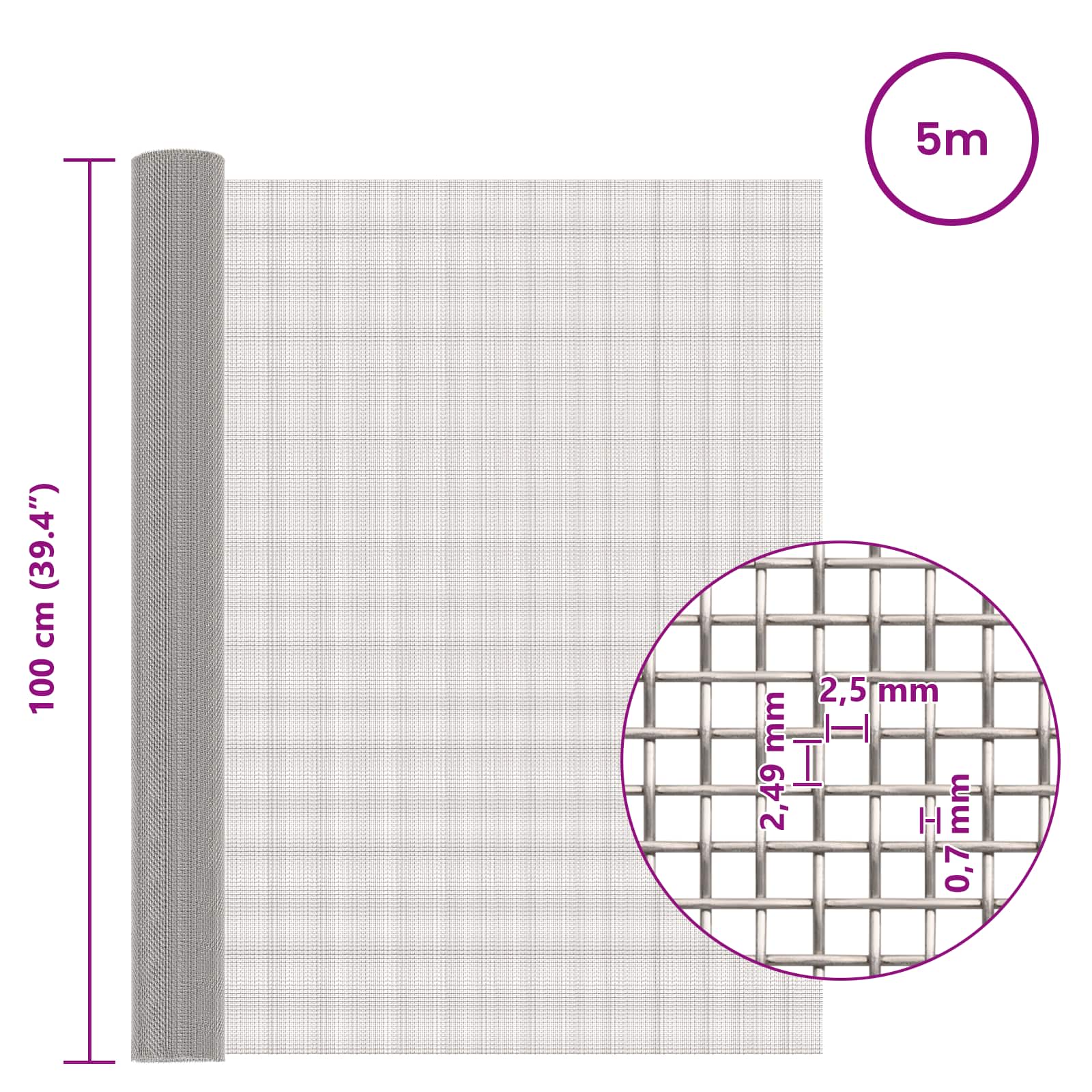 Mesh Bildschirm 20 x 500 cm 20 Mesh Edelstahl 201 Silber