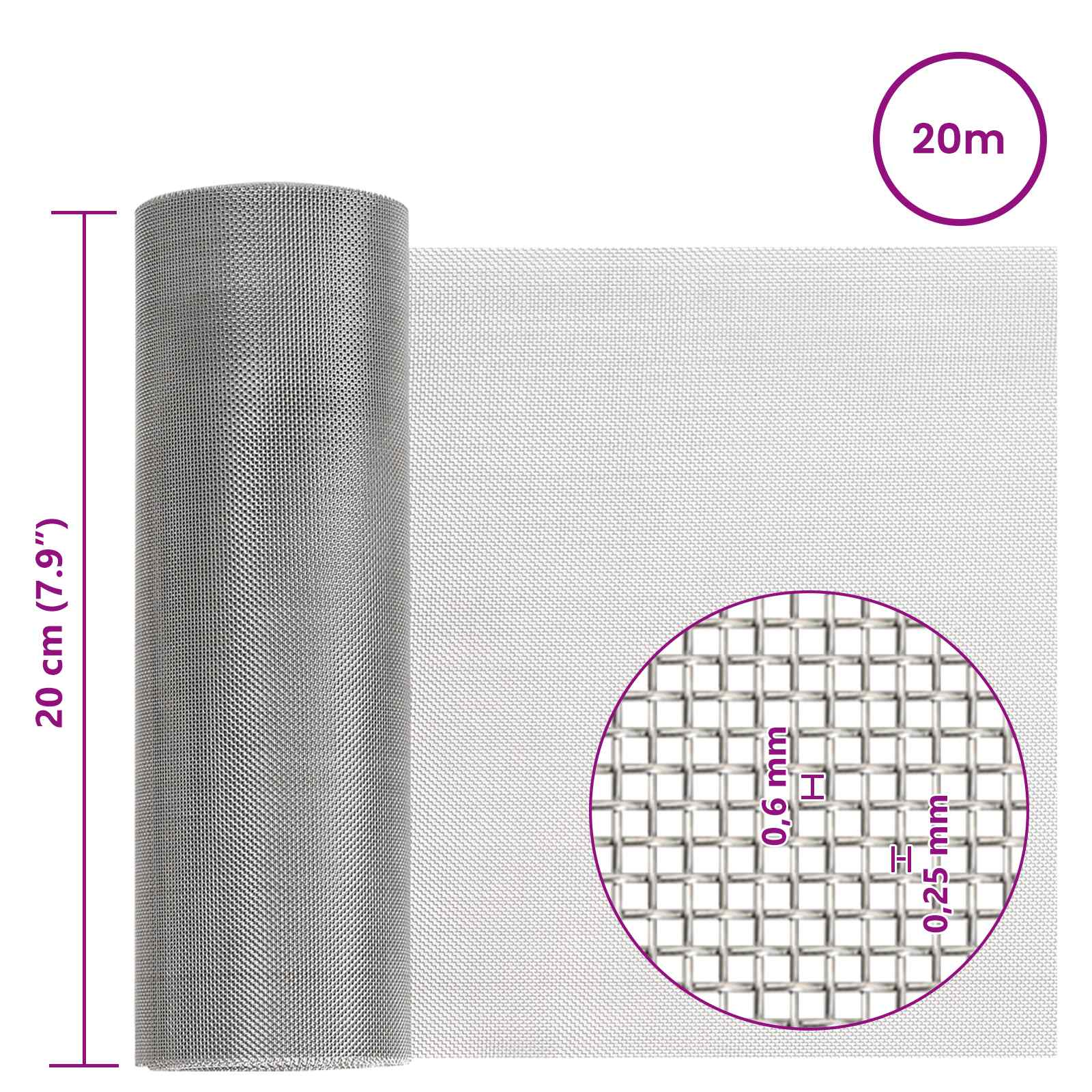 Mesh Bildschirm 20 x 500 cm 20 Mesh Edelstahl 201 Silber