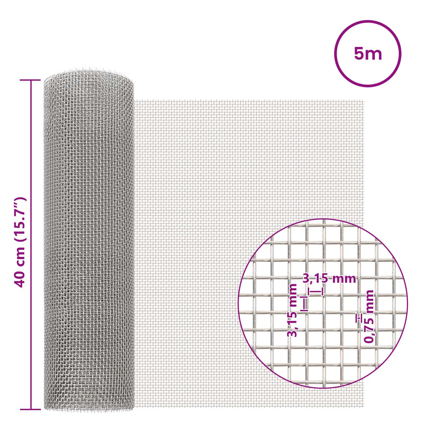 Mesh Bildschirm 20 x 500 cm 20 Mesh Edelstahl 201 Silber