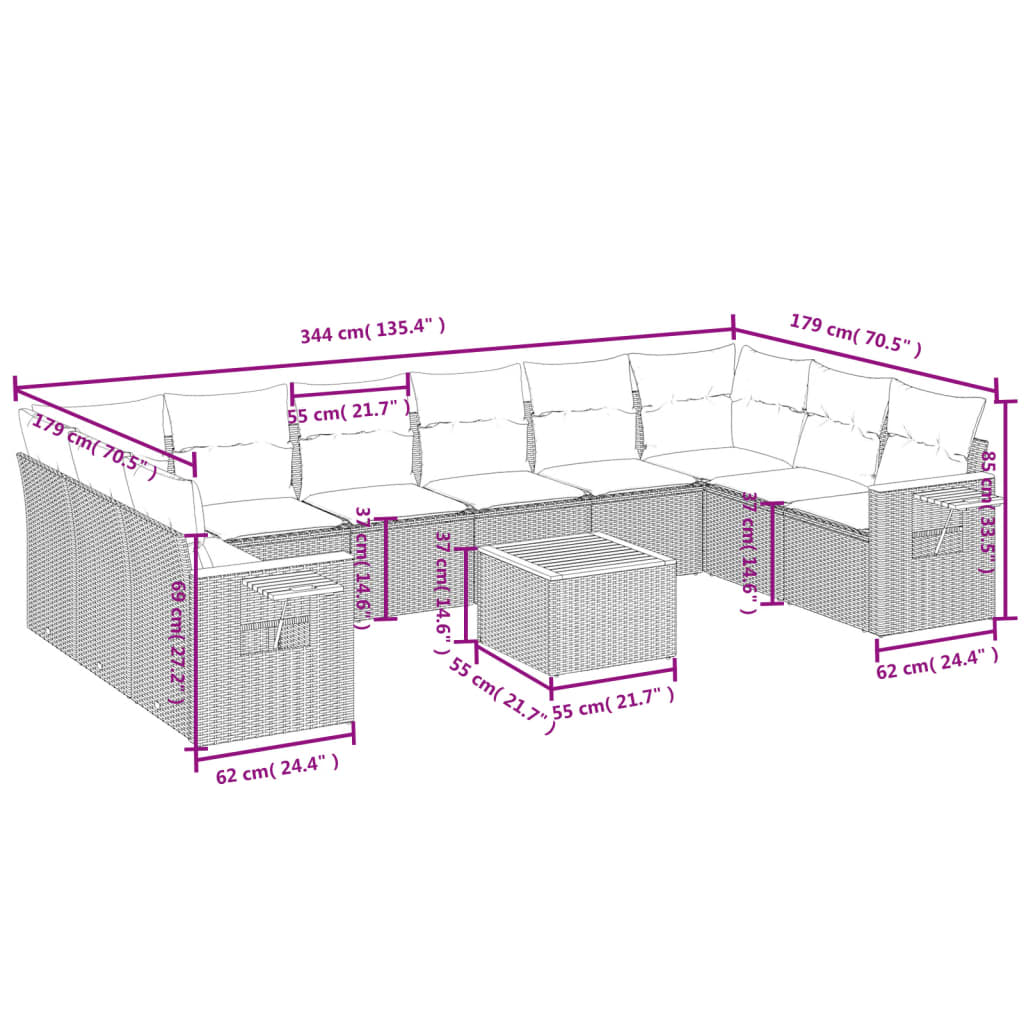 10-tlg. Garten-Sofagarnitur mit Kissen Schwarz Poly Rattan