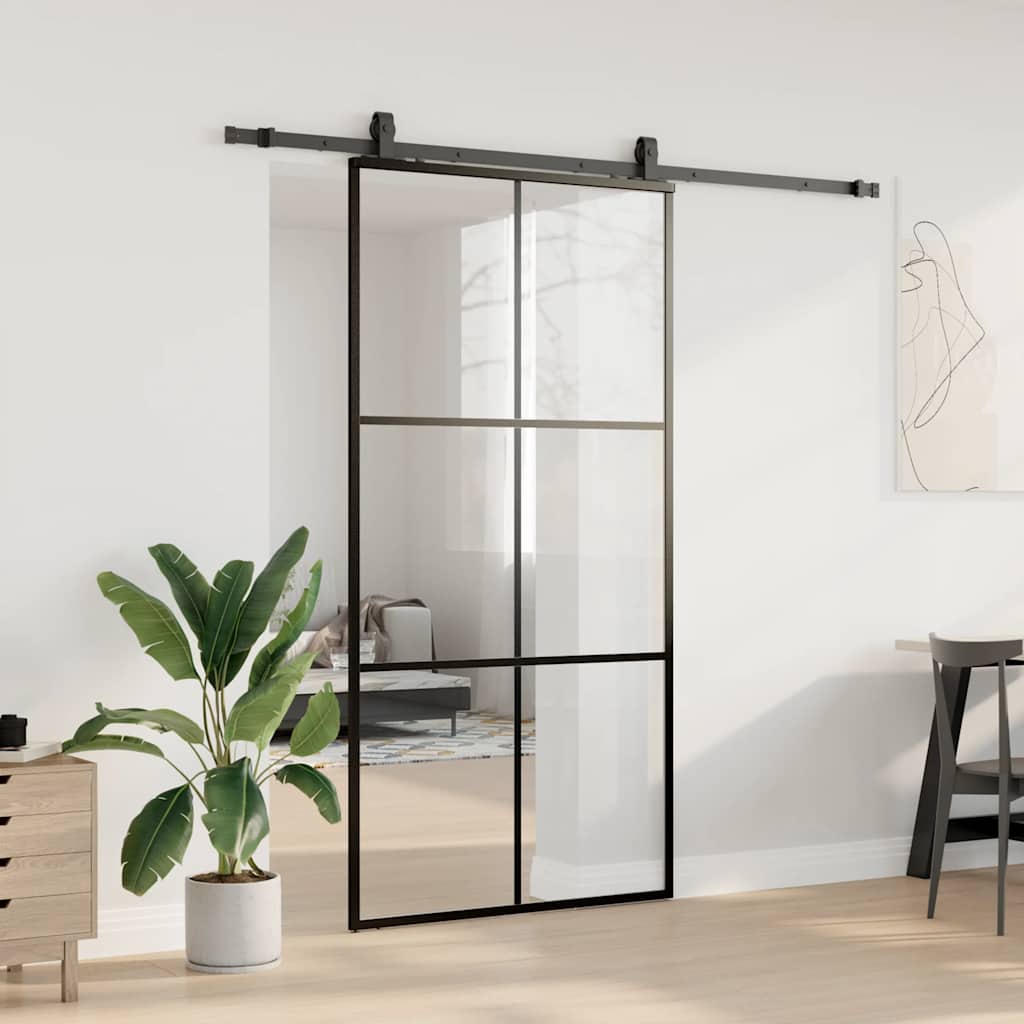 Schiebetür mit Beschlag Schwarz 76x205 cm ESG-Glas