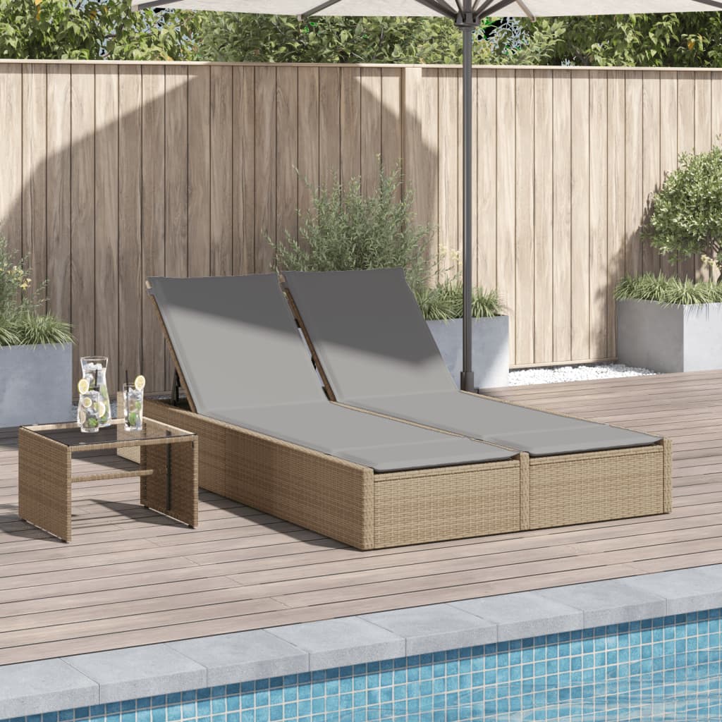 Doppel-Sonnenliege mit Kissen Schwarz Poly Rattan
