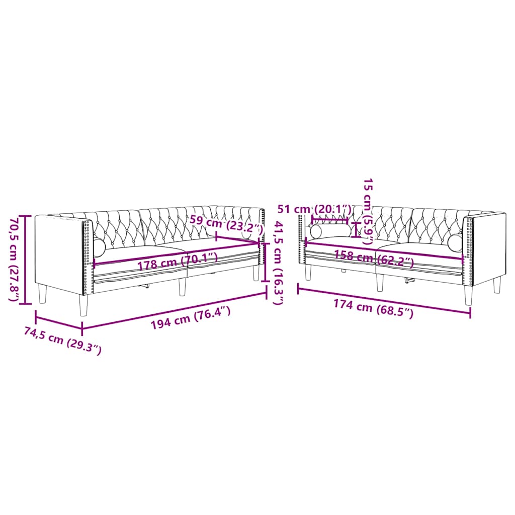3-tlg. Chesterfield-Sofa-Set mit Nackenrollen Hellgrau Samt
