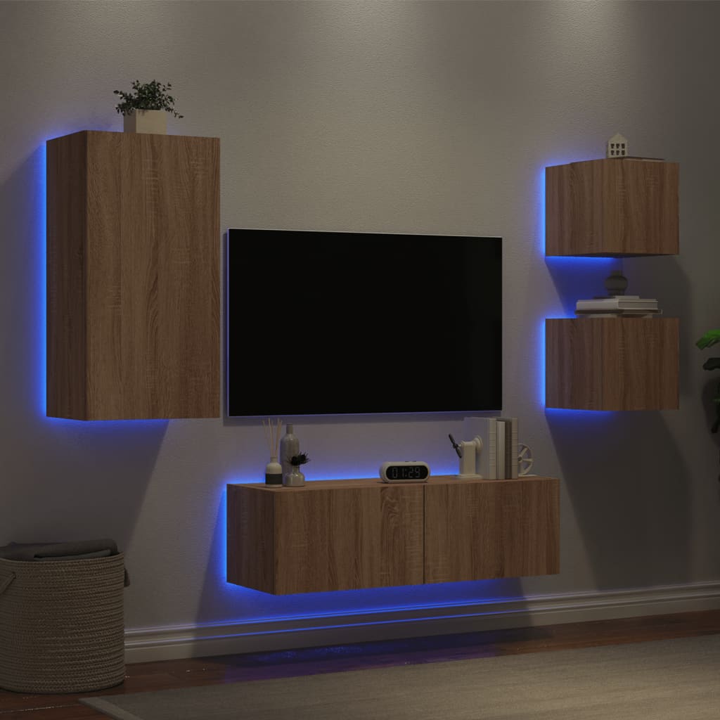 4-tlg. TV-Wohnwand mit LED-Leuchten Weiß