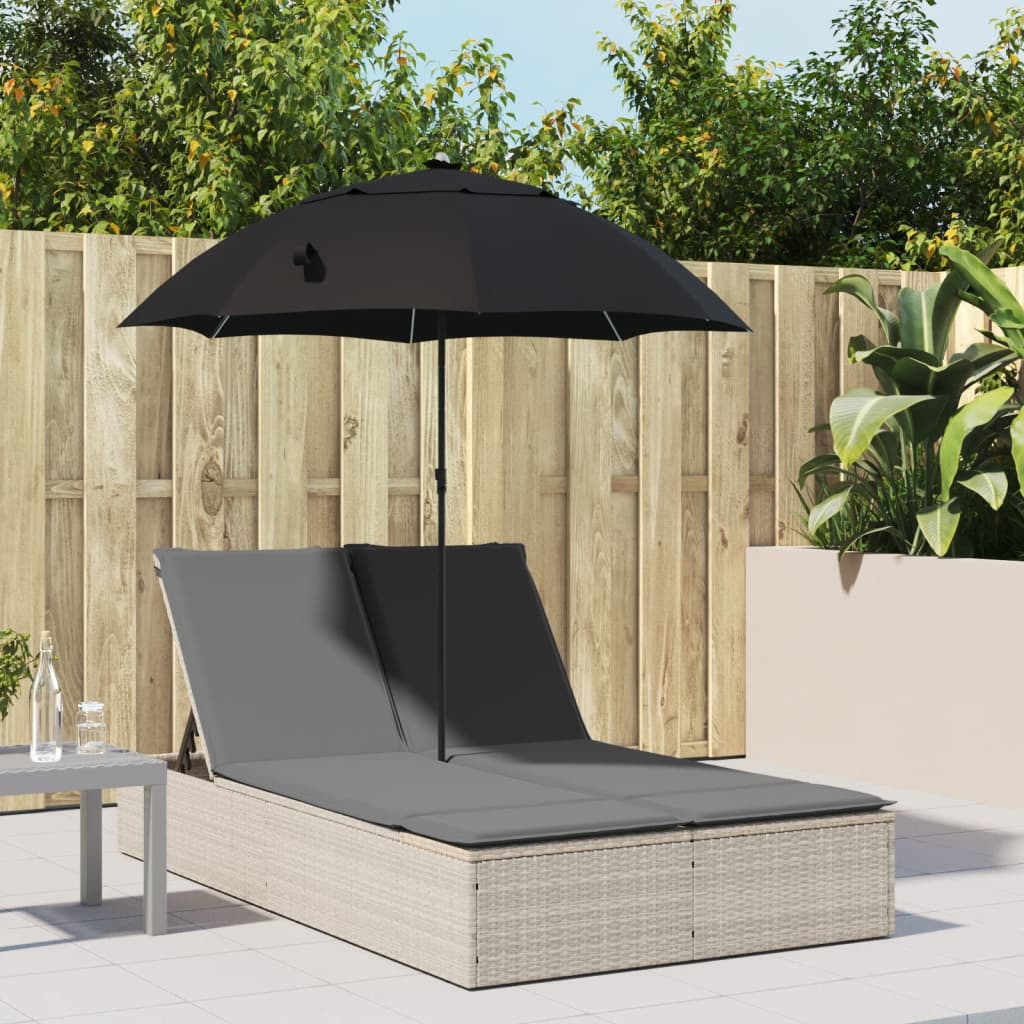 Doppel-Sonnenliege mit Kissen&Sonnenschirm Schwarz Poly Rattan
