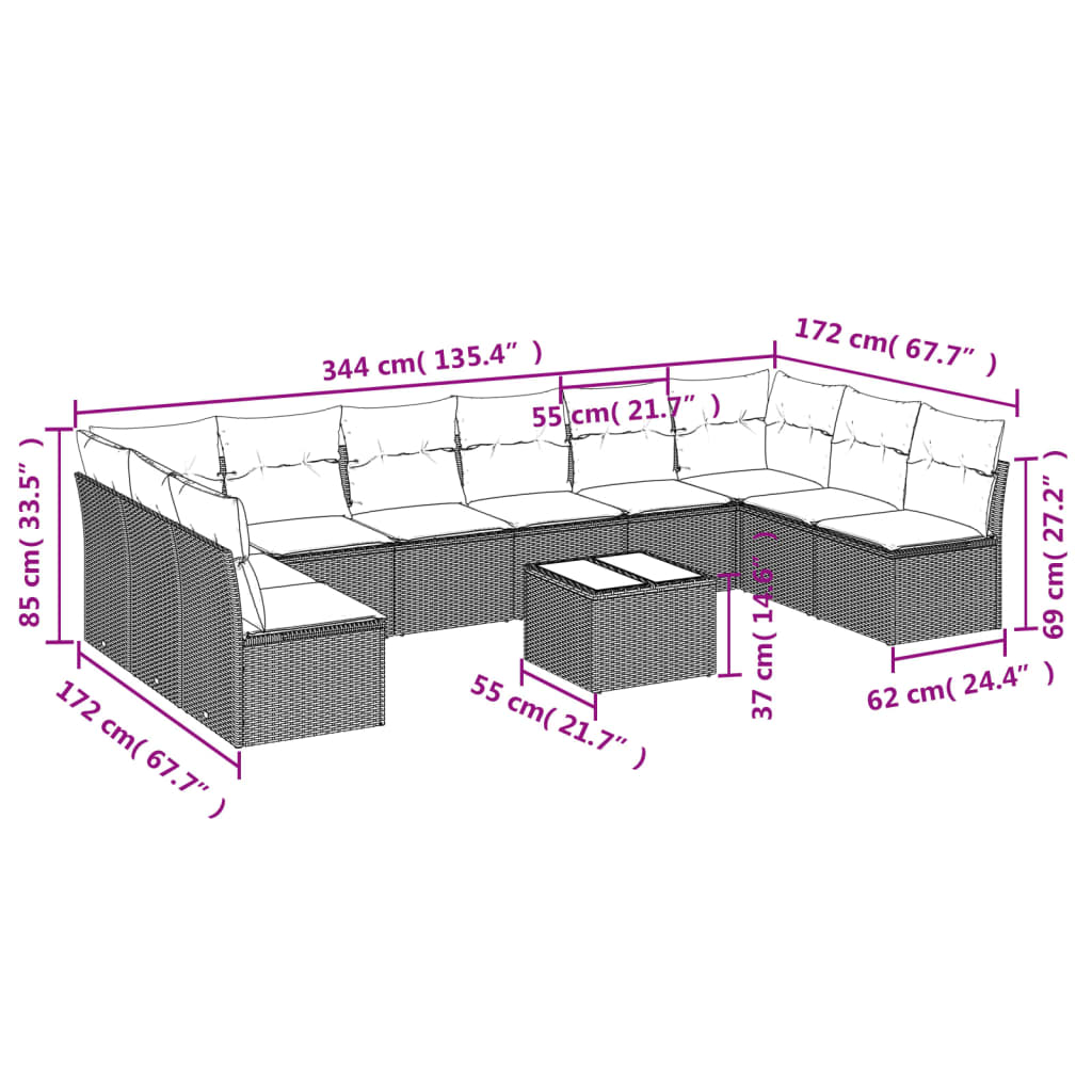 10-tlg. Garten-Sofagarnitur mit Kissen Schwarz Poly Rattan