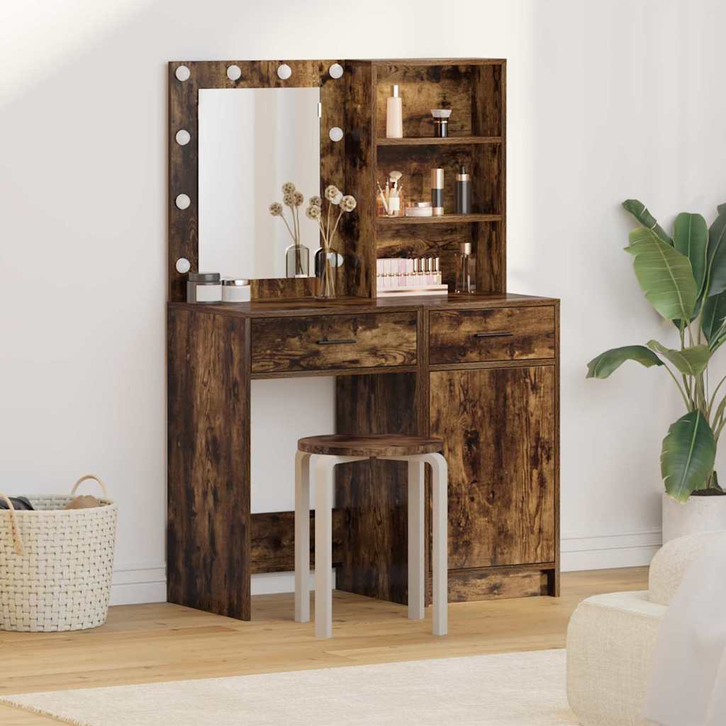 Schminktischset mit LED mit Schubladen 2 pcs Weiß Holzwerkstoff
