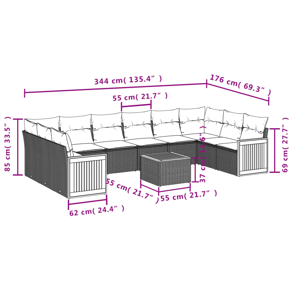 10-teiliges Gartensofa-Set mit Kissen, schwarzes Polyrattan