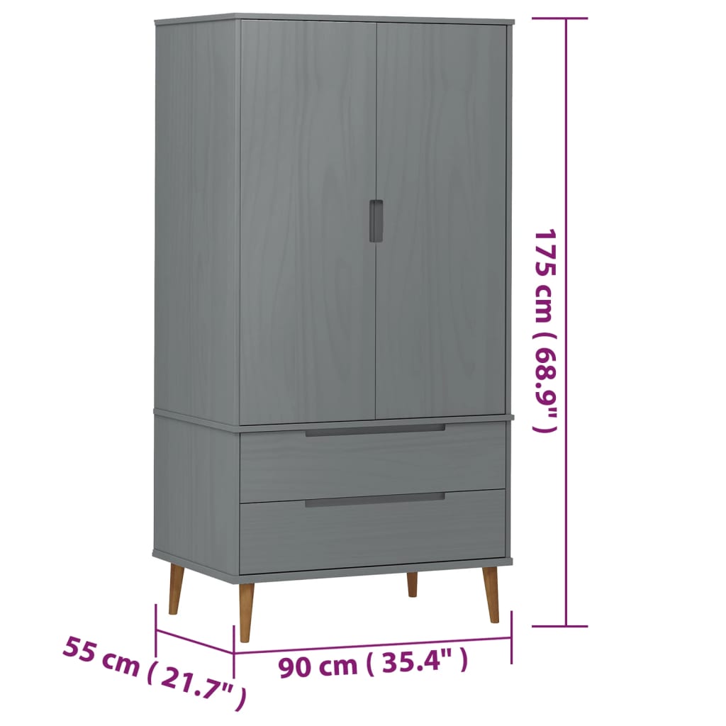 Kleiderschrank MOLDE Braun 90x55x175 cm Massivholz Kiefer