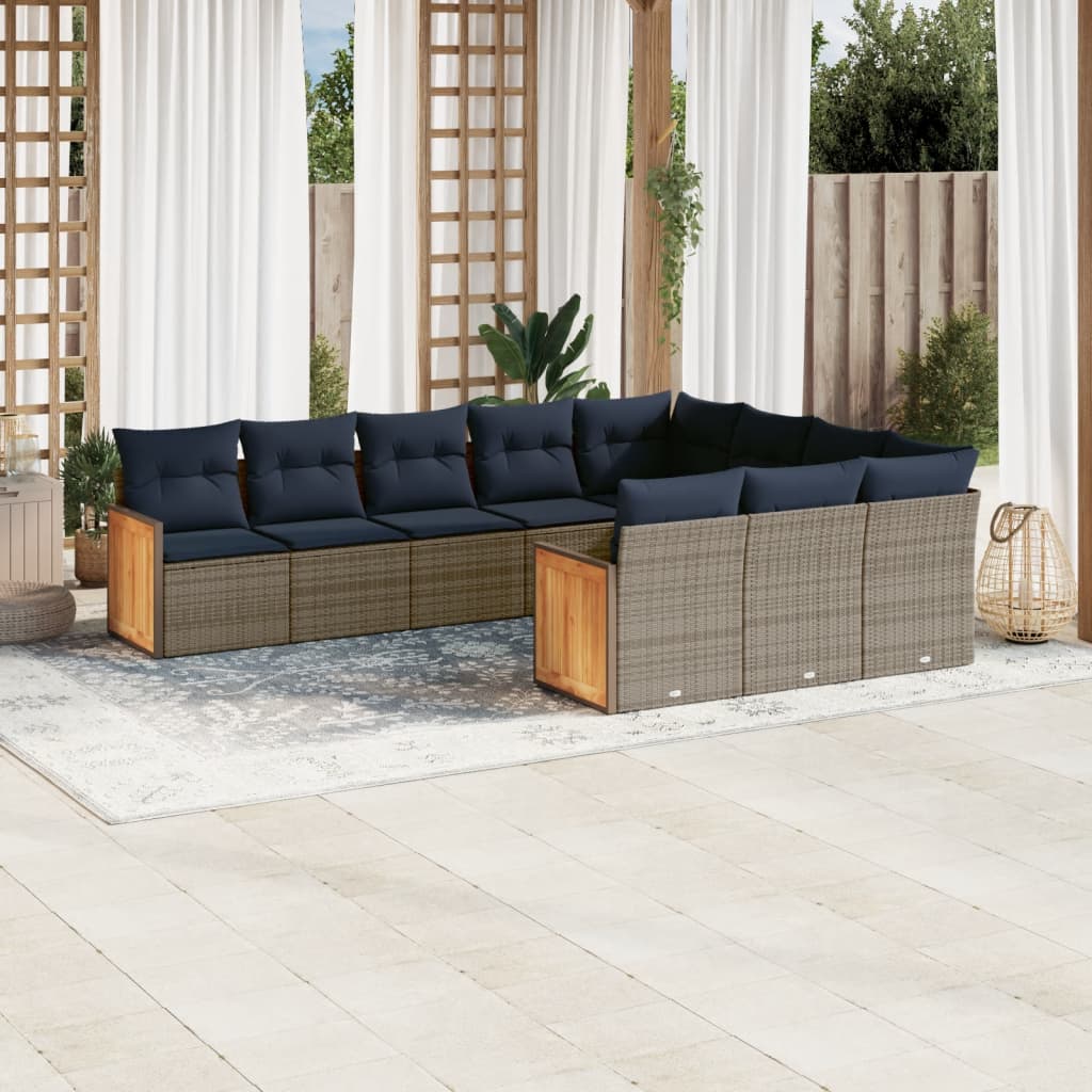 10-teiliges Gartensofa-Set mit Kissen, schwarzes Polyrattan