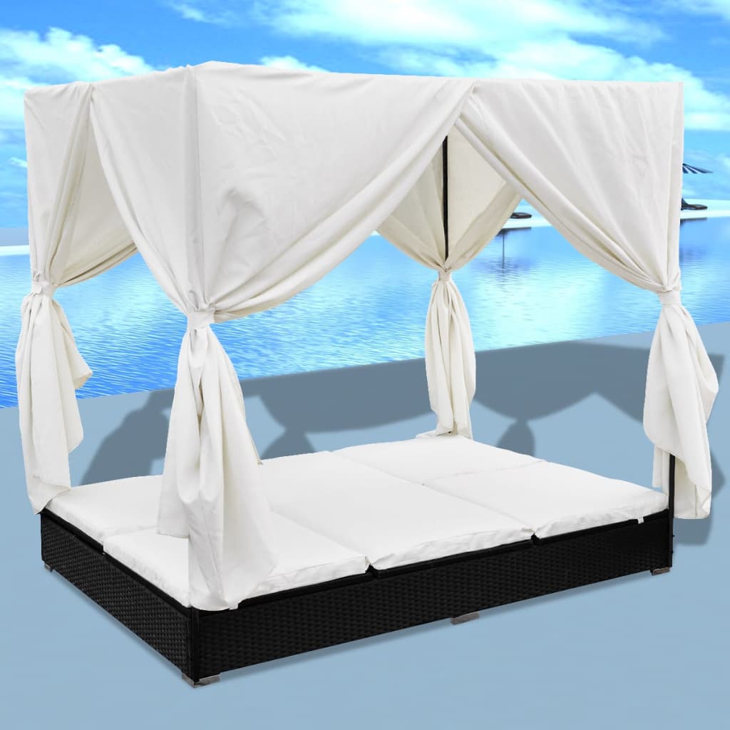 Outdoor-Loungebett mit Vorhang Poly Rattan Braun