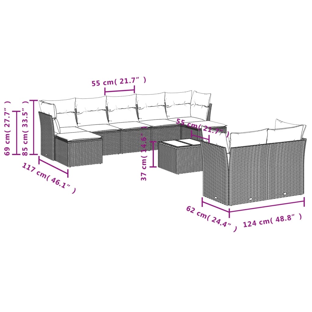 10-teiliges Gartensofa-Set mit Kissen, schwarzes Polyrattan