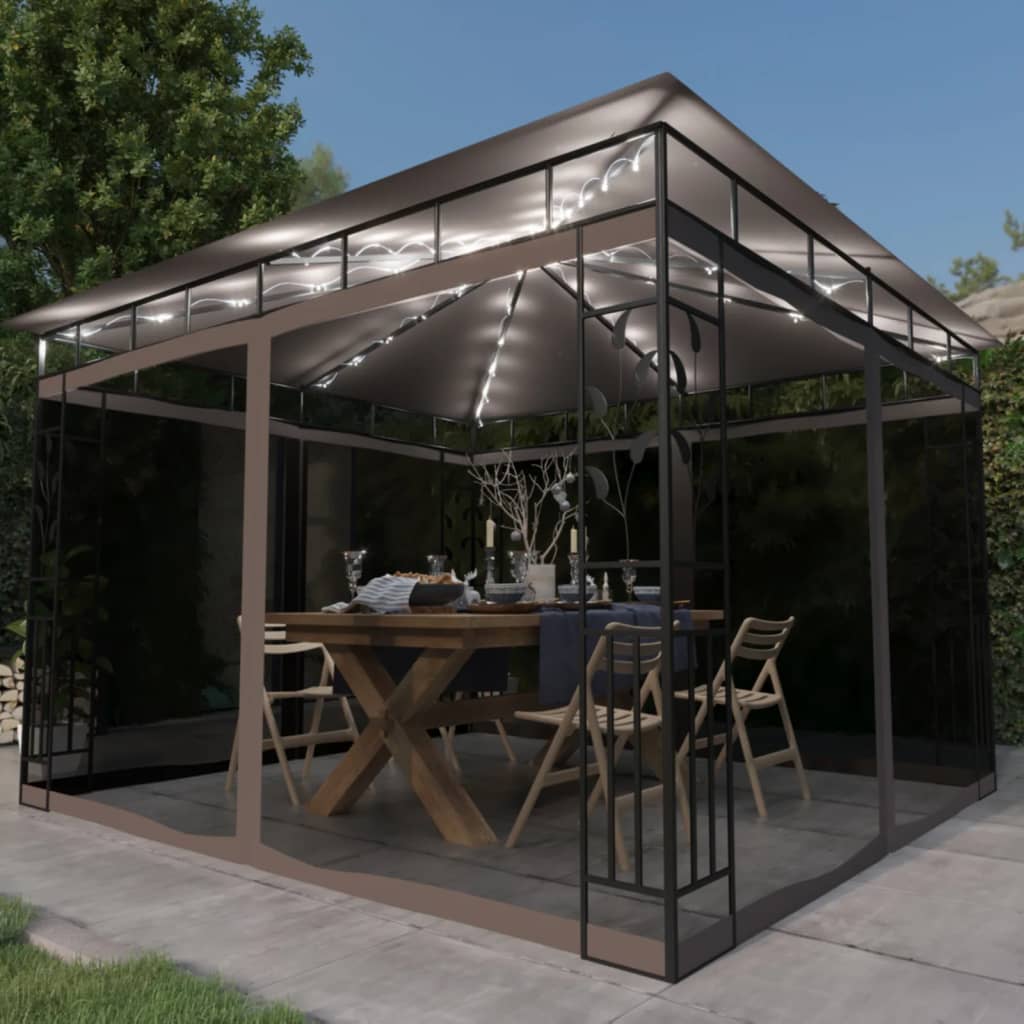Pavillon mit Moskitonetz & LED-Lichterkette 3x3x2,73m Cremeweiß