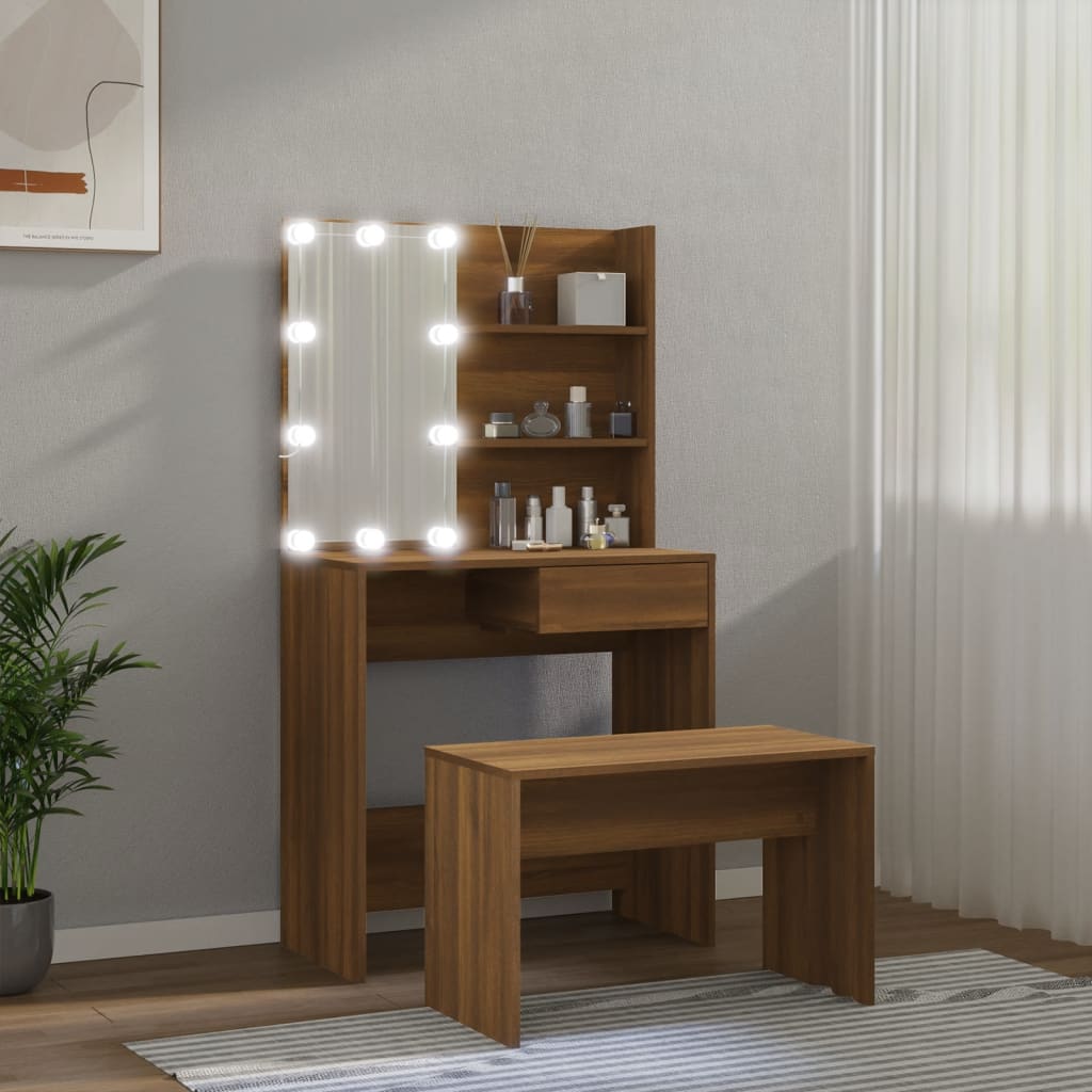 Schminktisch-Set mit LED Weiß Holzwerkstoff