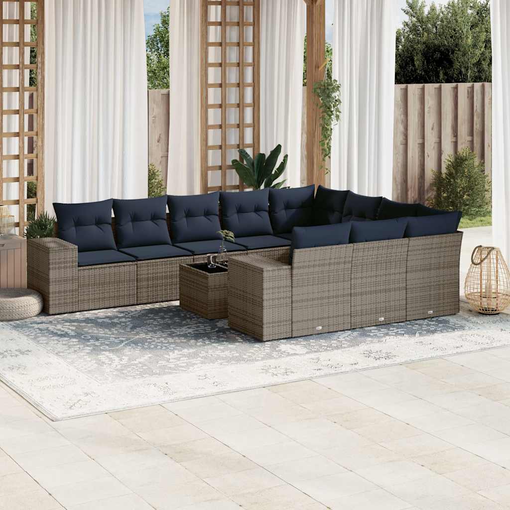 10-teiliges Gartensofa-Set mit Kissen, schwarzes Polyrattan