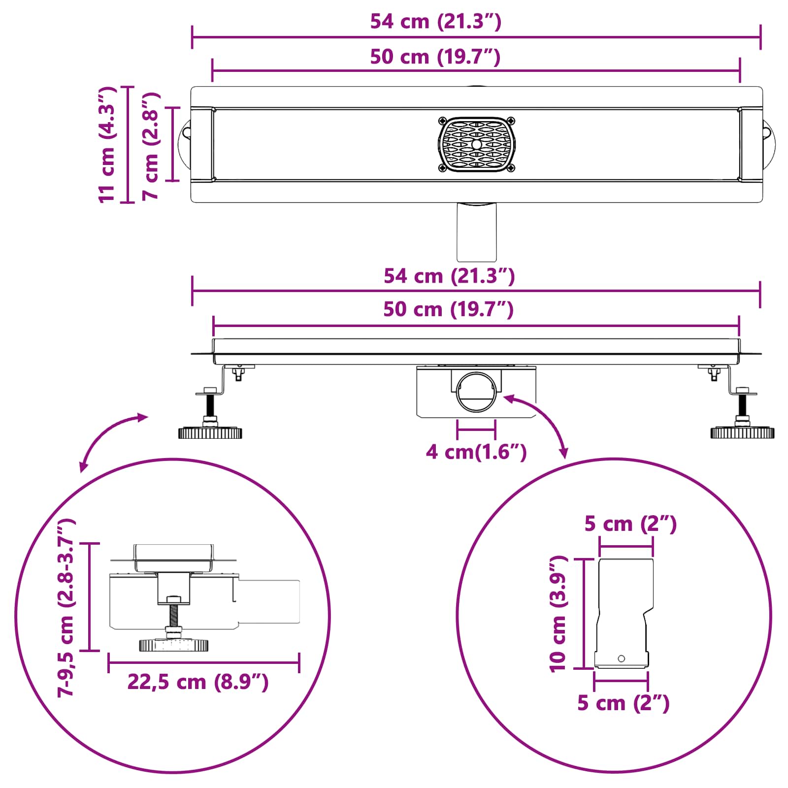 Duschabfluss mit Glashülle und 360° Siphon Schwarz 50 cm