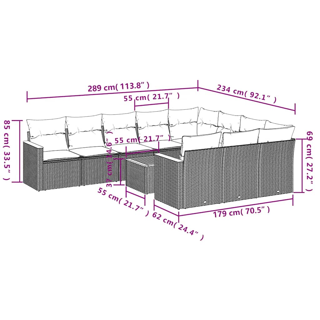 10-tlg. Garten-Sofagarnitur mit Kissen Schwarz Poly Rattan