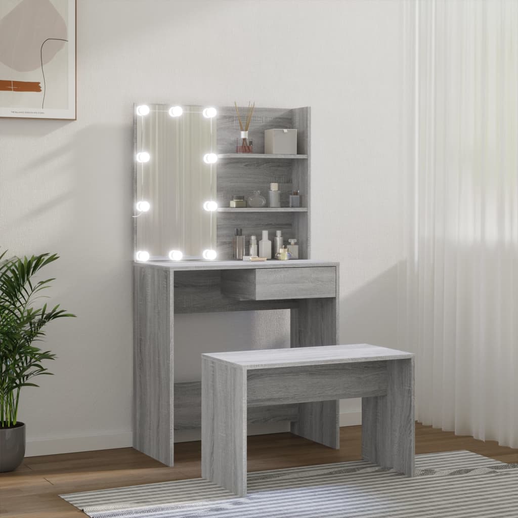Schminktisch-Set mit LED Weiß Holzwerkstoff