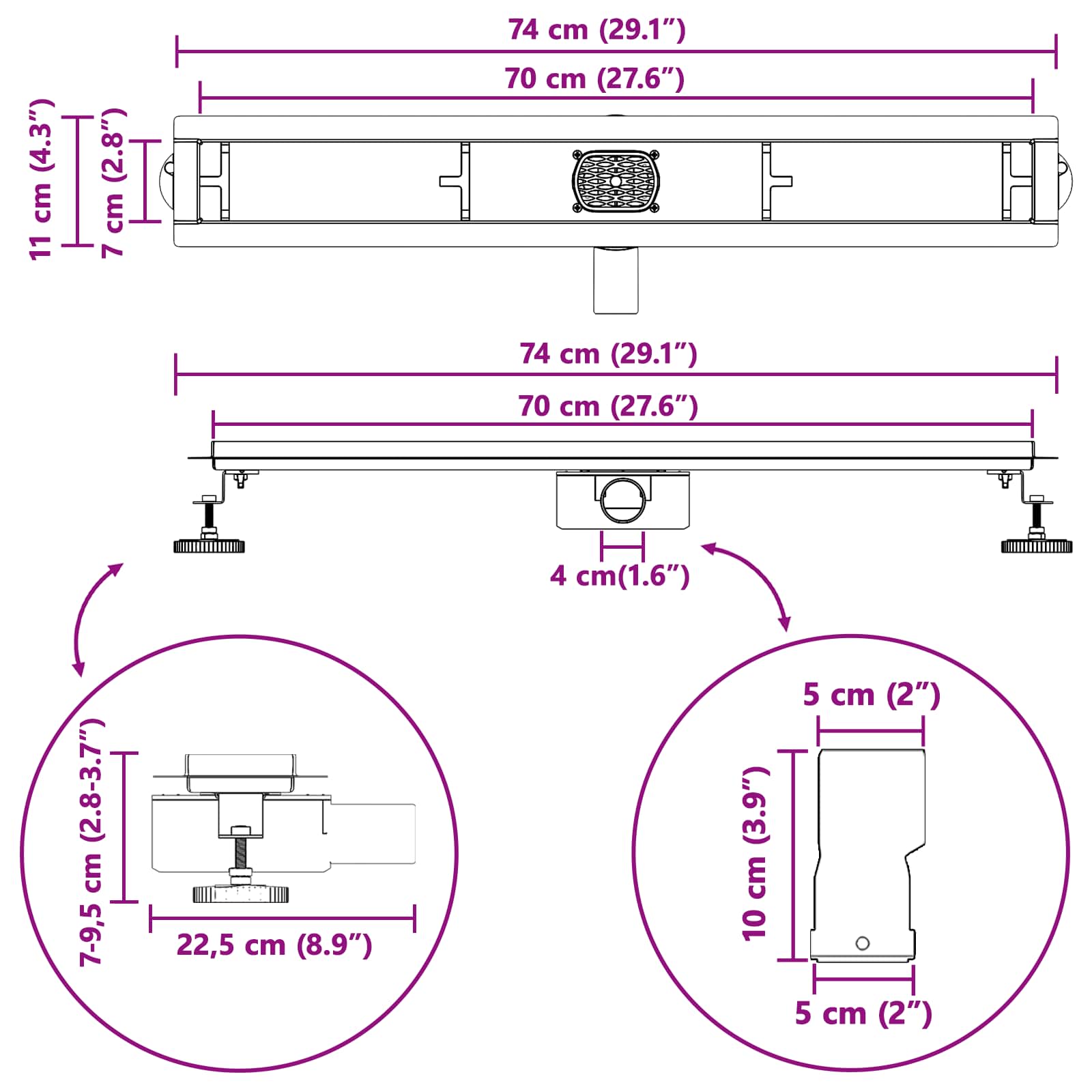 Duschabfluss mit Glashülle und 360° Siphon Schwarz 50 cm