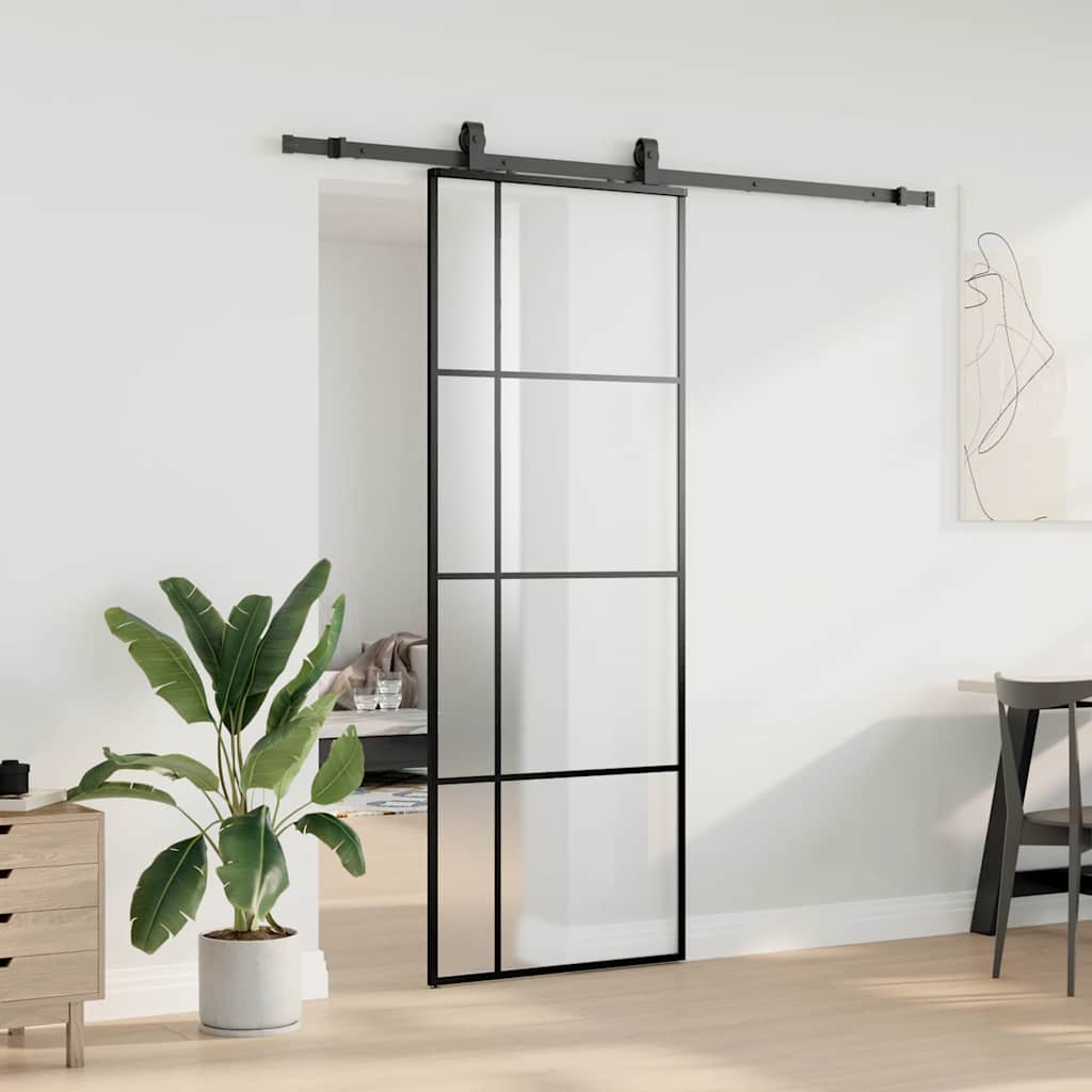 Schiebetür mit Beschlag Schwarz 76x205 cm ESG-Glas