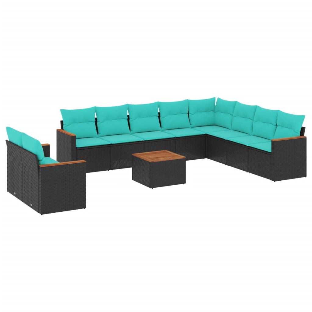 10-teiliges Gartensofa-Set mit Kissen, schwarzes Polyrattan