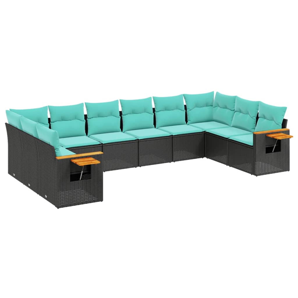 10-tlg. Garten-Sofagarnitur mit Kissen Schwarz Poly Rattan