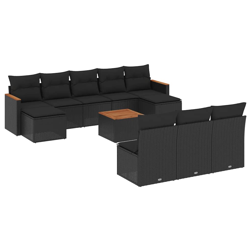 10-tlg. Garten-Sofagarnitur mit Kissen Schwarz Poly Rattan