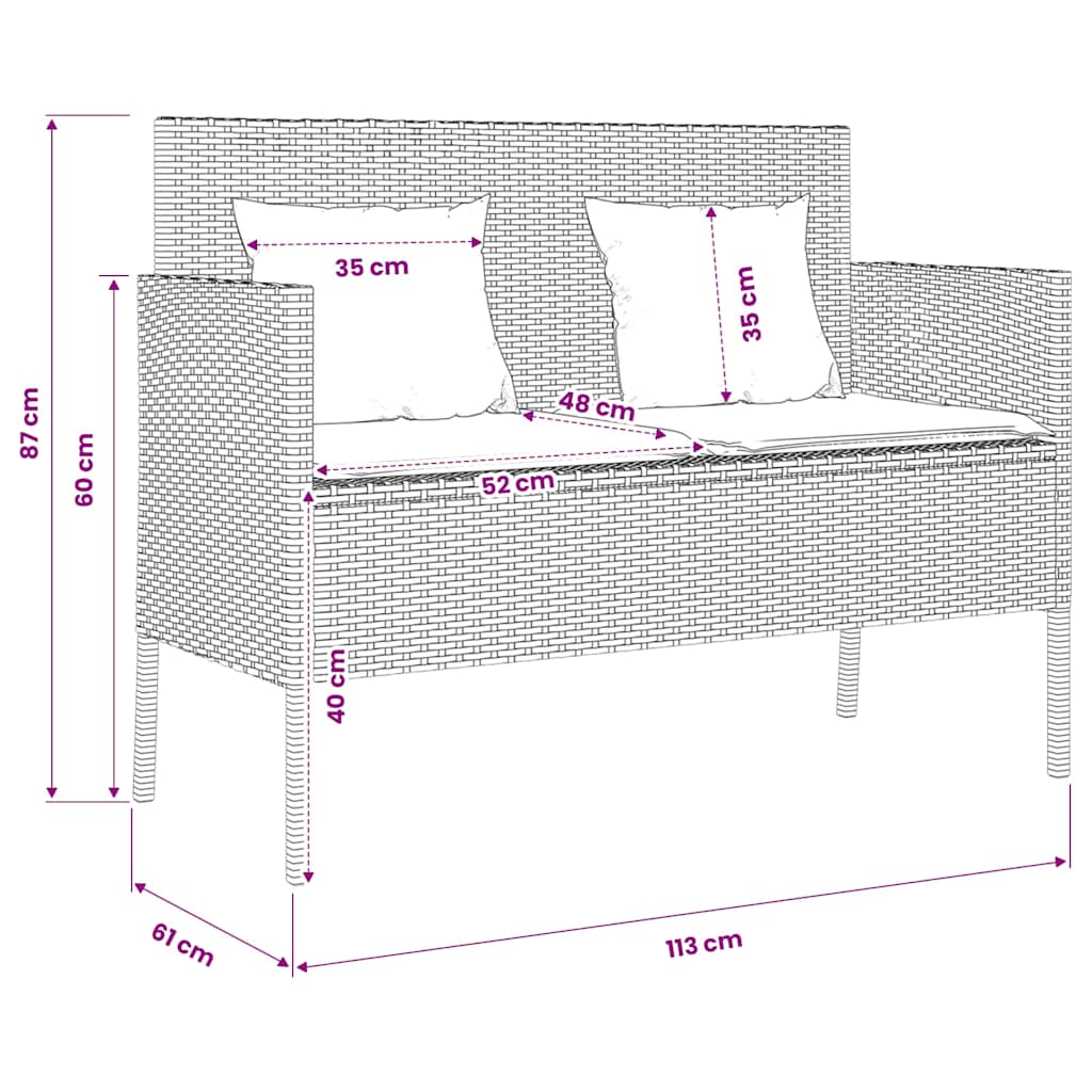 Gartenbank mit Kissen Schwarz Poly Rattan