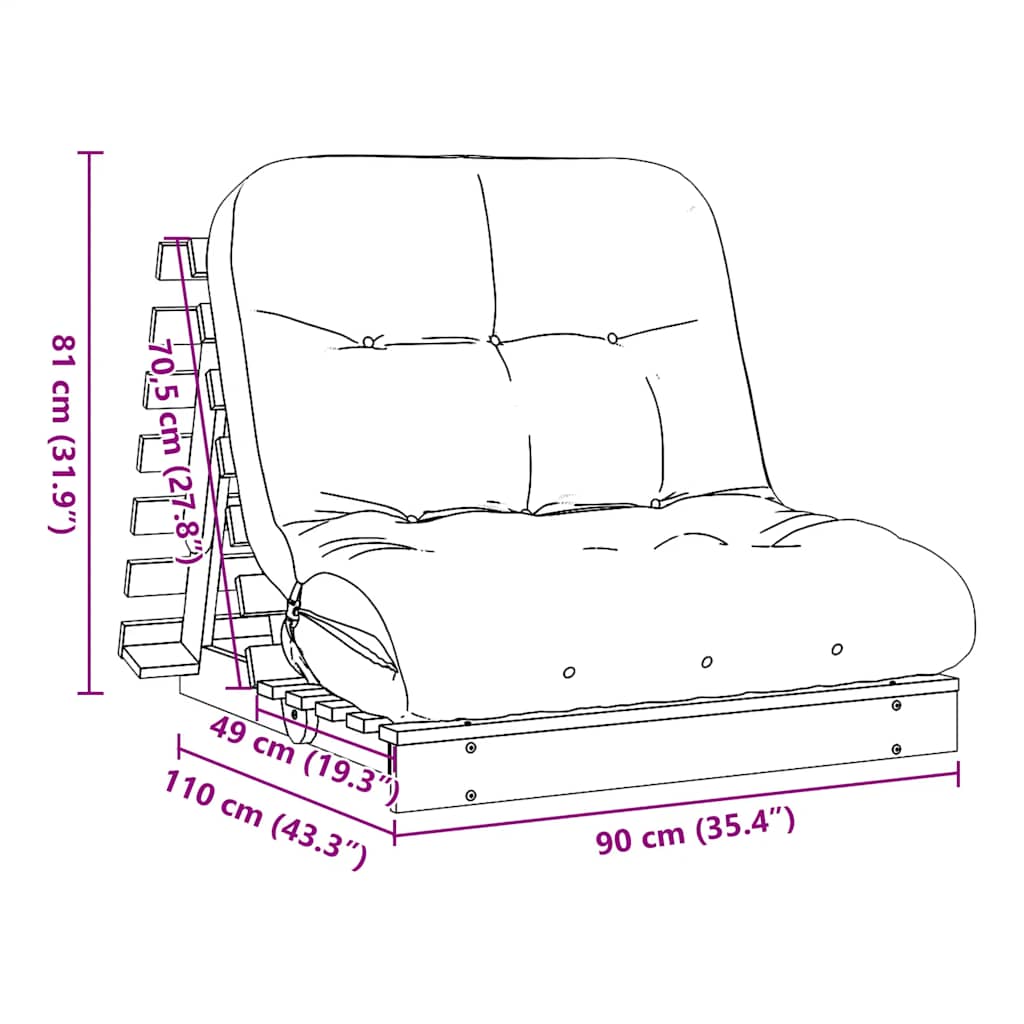 Futon Schlafsofa mit Matratze Braun 70x206x11 Massivholz Kiefer